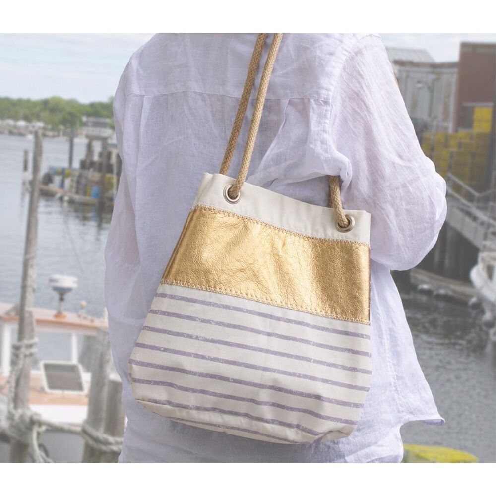 NWT SEA BAGS Maine Grey Mariner Stripe Convertible Bucket Bag $140 Hampton coast